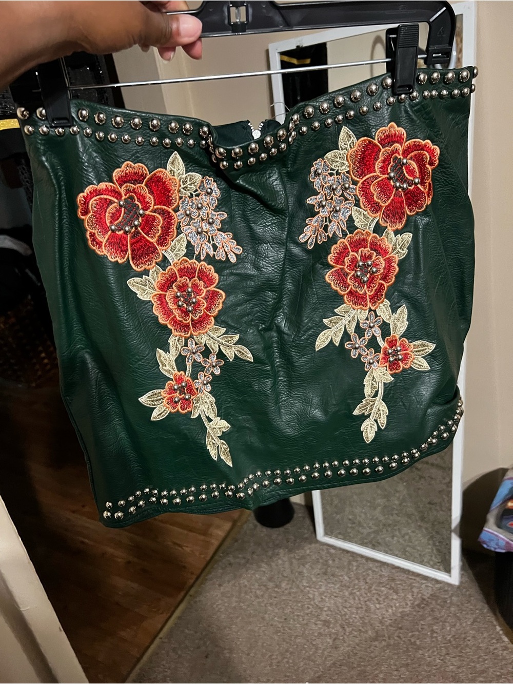 Romeo & Juliet Couture Dark Green Mini Skirt with Red Floral Embroidery - Picture 1 of 5